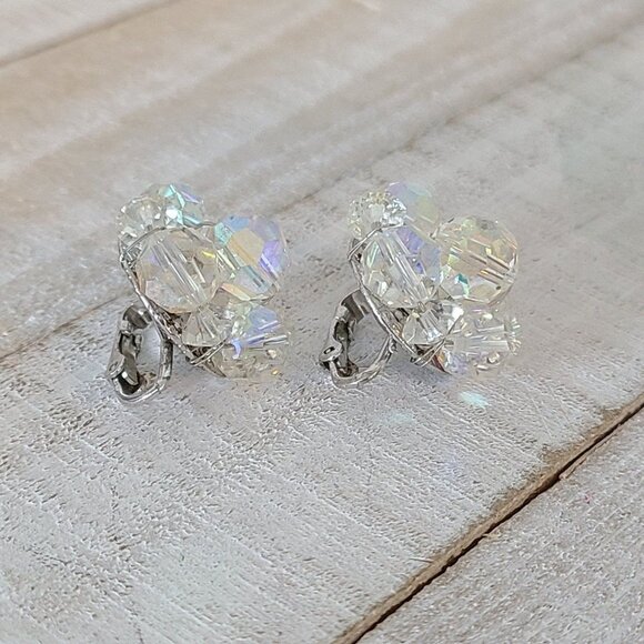 Vintage Coro Signed AB Cluster Earrings Clip On Crystal Silver Tone - Picture 5 of 8